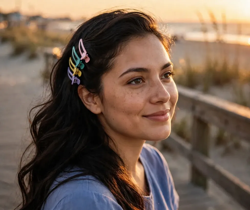 Woman with hair swept to one side pinned with colorful mini clips