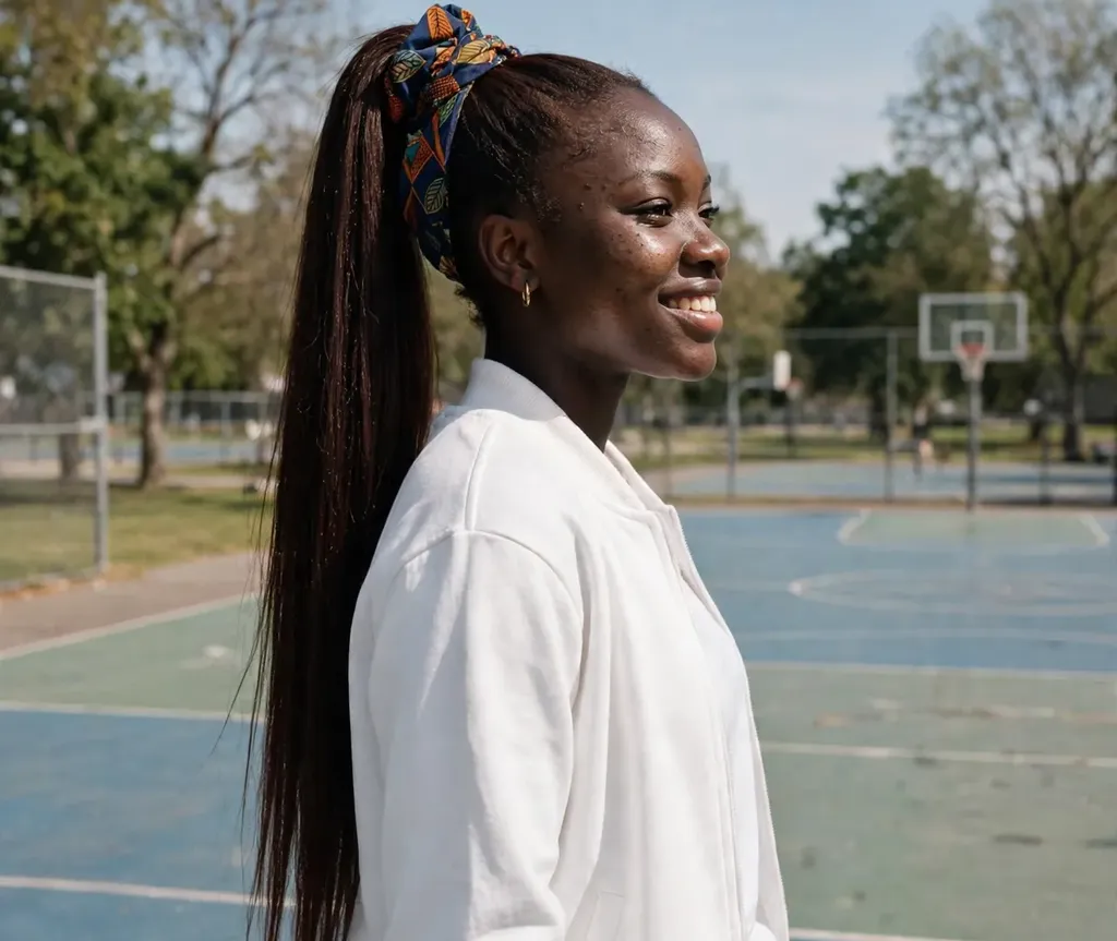 Woman with a high ponytail wrapped with a patterned scrunchie