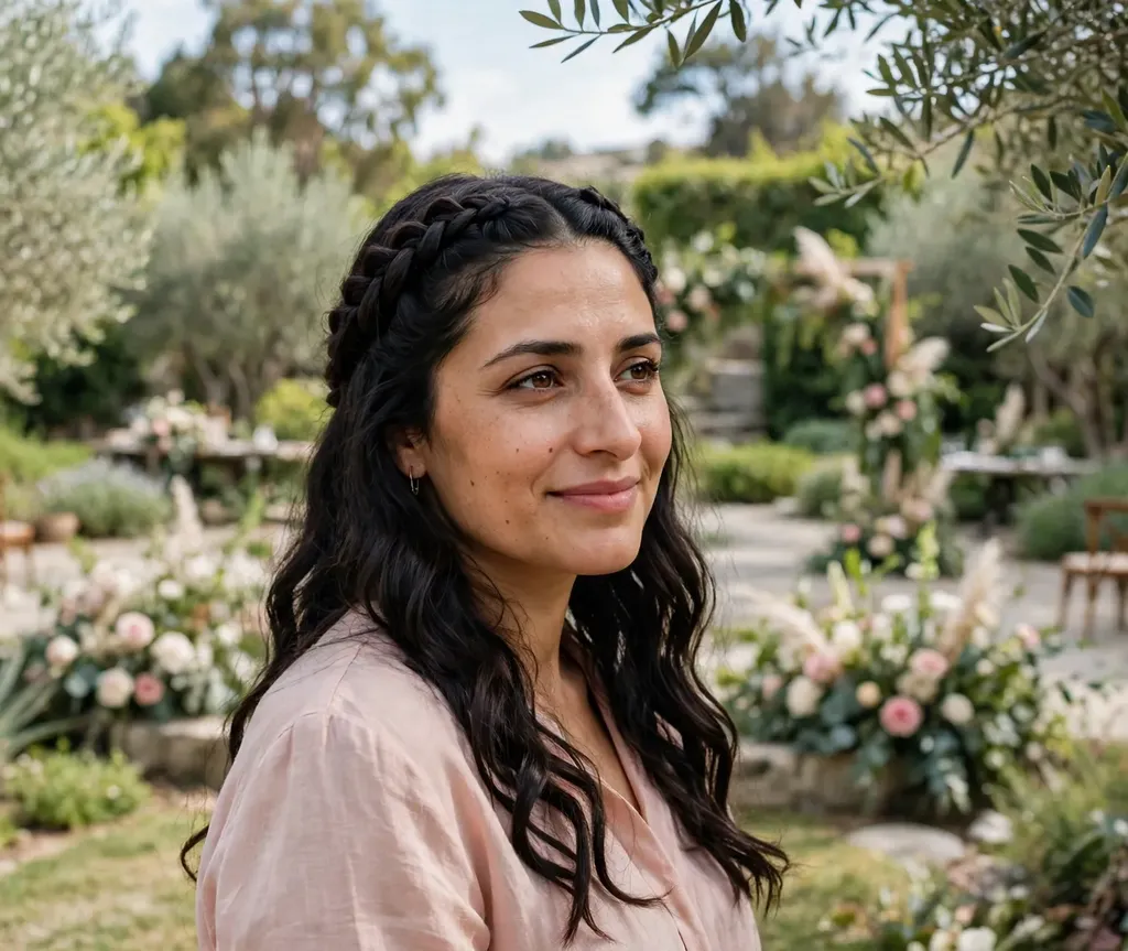 Woman with two twisted crown braids over long wavy hair