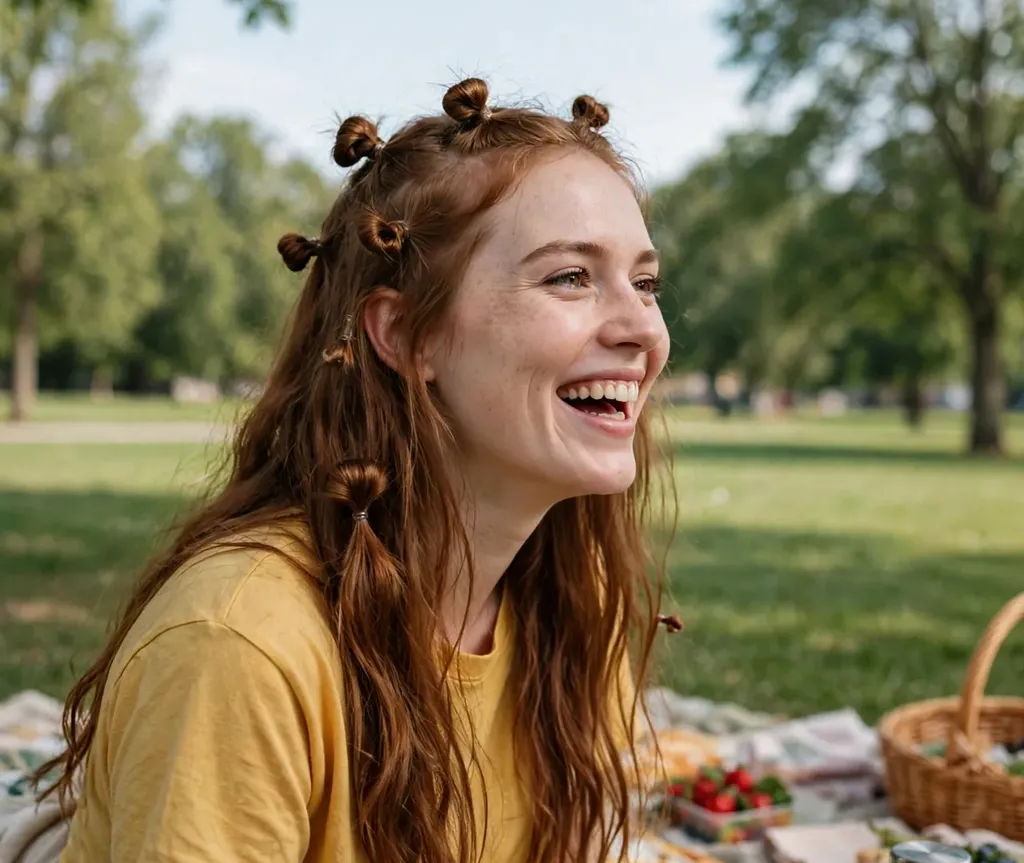 Woman with multiple tiny mini buns scattered through long hair