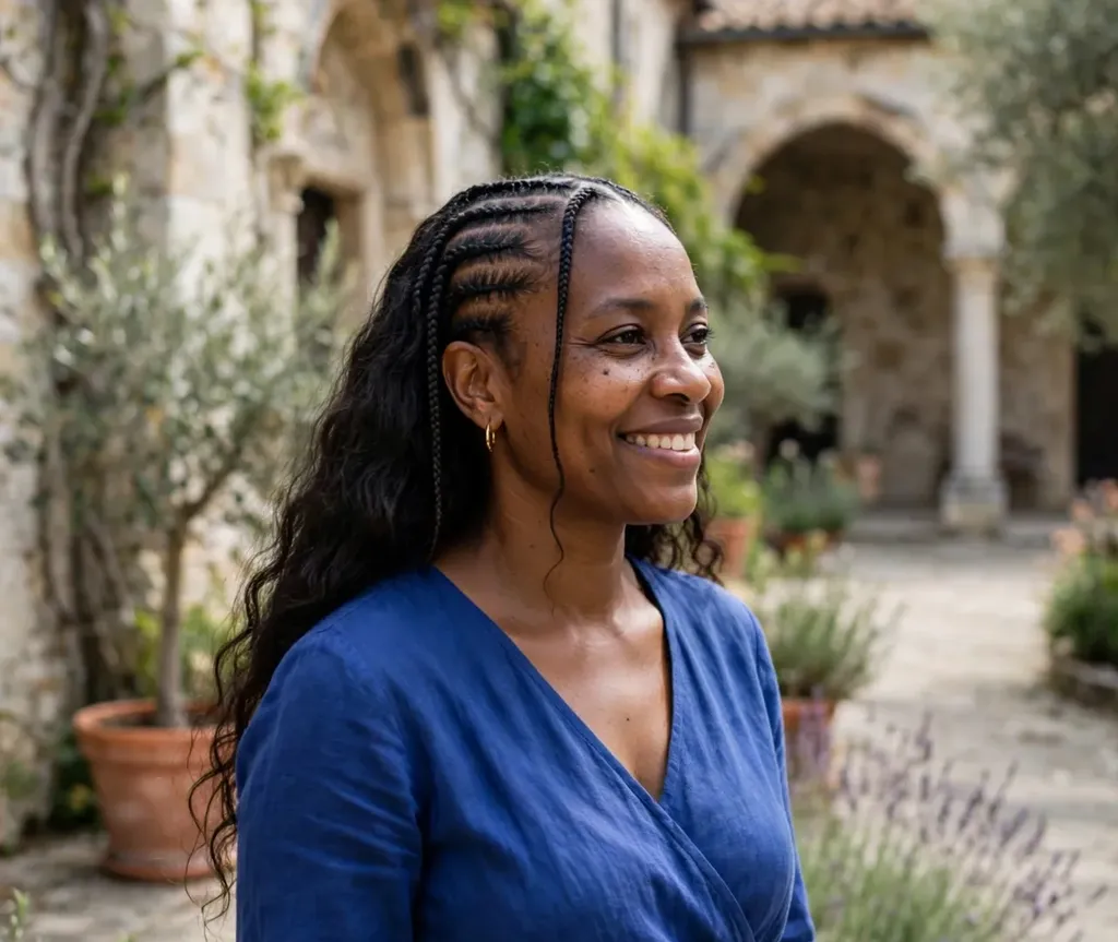 Woman with front cornrows fading into loose wavy hair