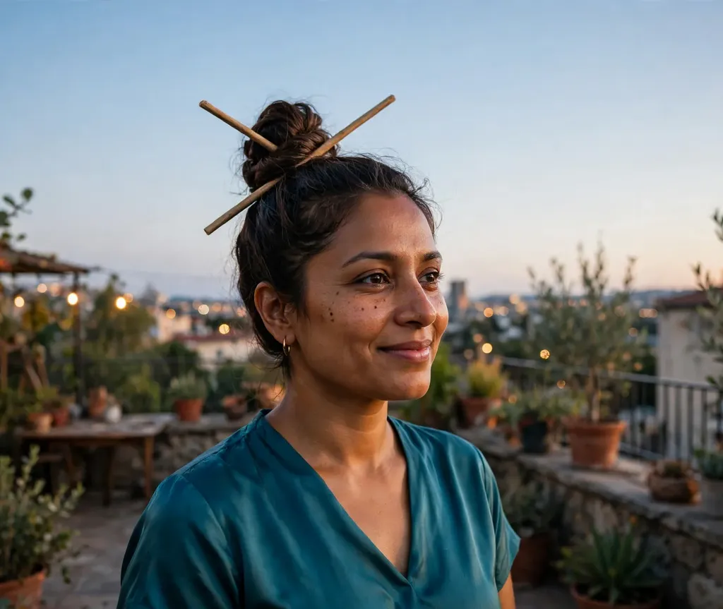 Woman with a high twisted bun secured with wooden hair sticks