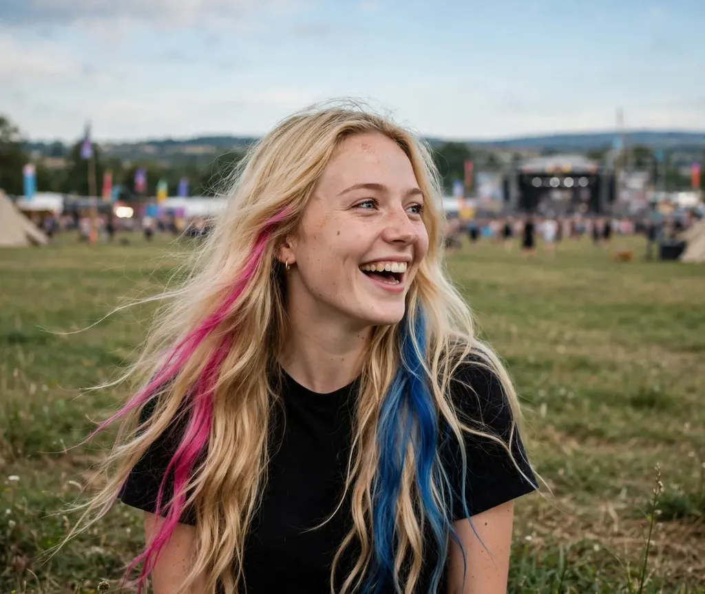 Woman with long blonde hair and bold pink and blue streaks
