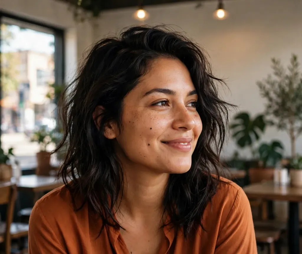 Woman with tousled layered hair and a deep side part