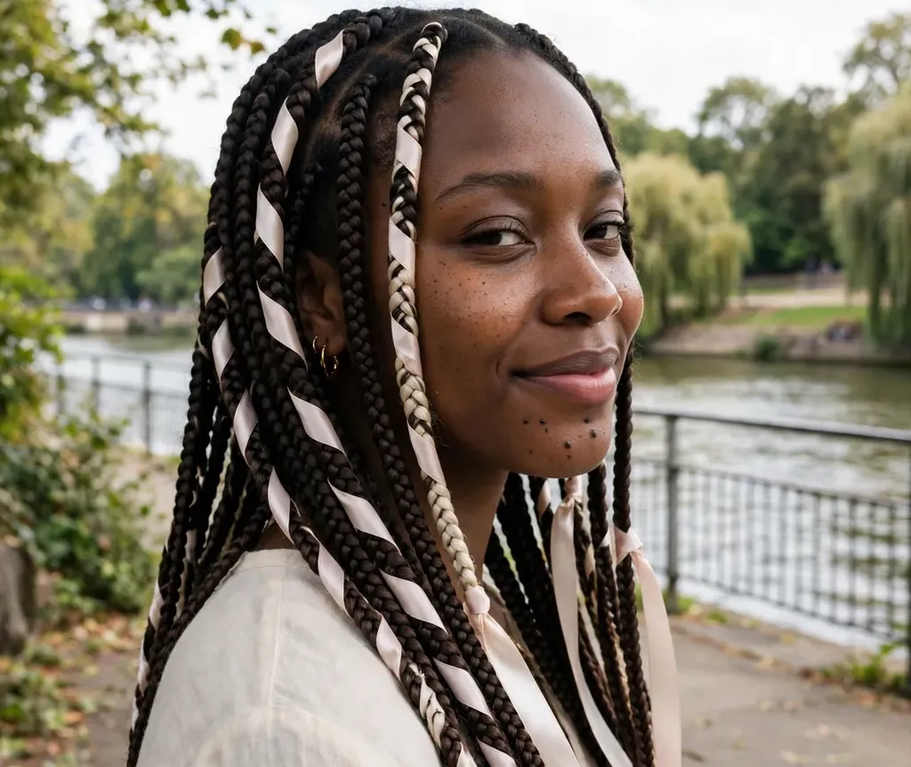 Woman with long box braids woven with a satin ribbon