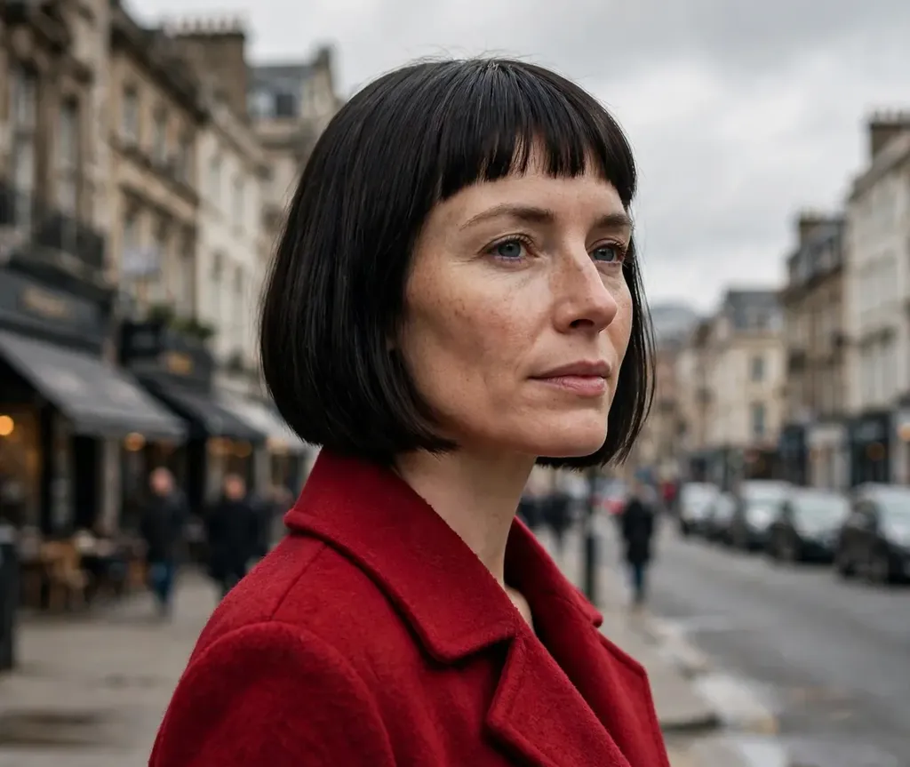 Woman with short micro bangs and a sleek dark bob
