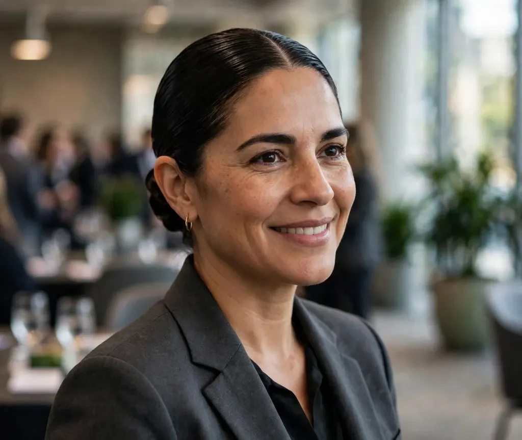 Woman with slicked-back hair and a sharp middle part