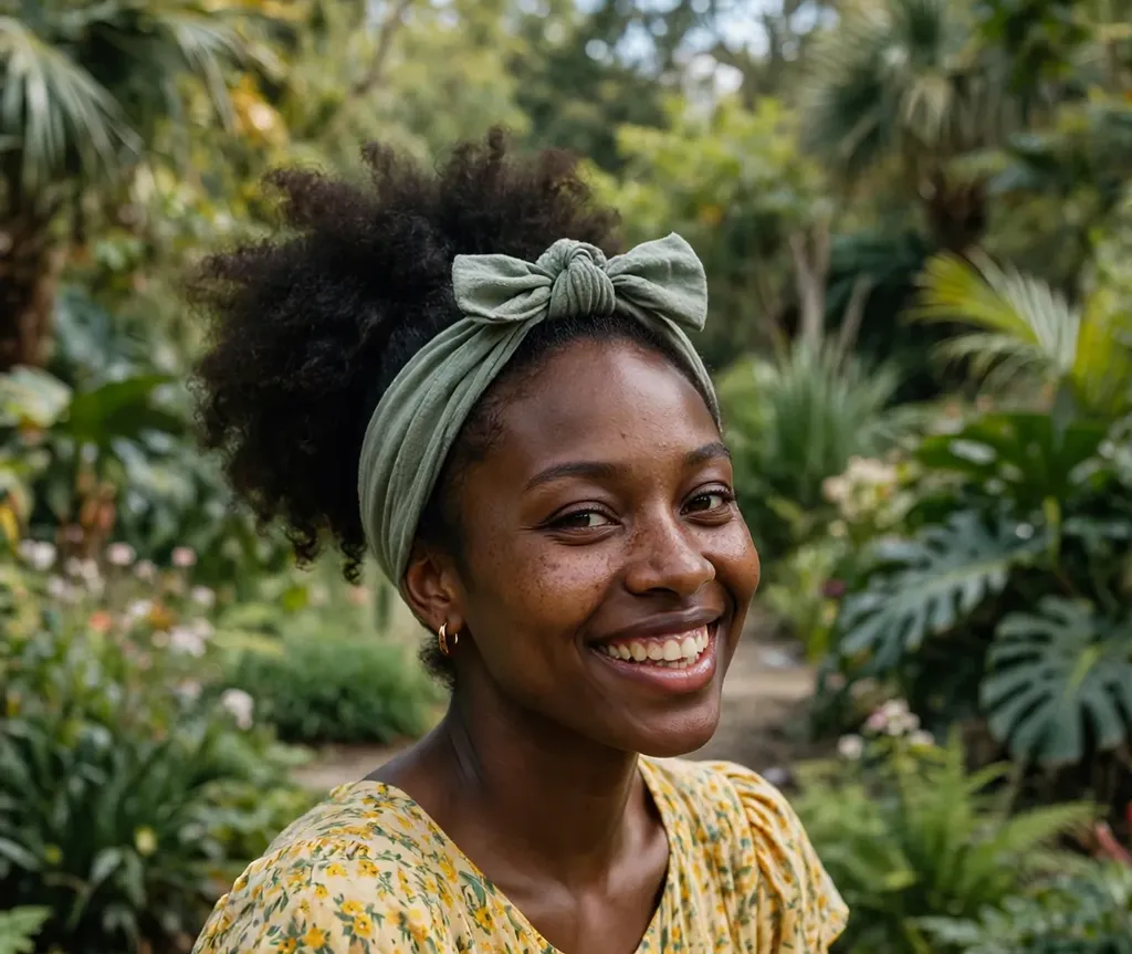 Woman wearing a wide knotted fabric headband with a puff ponytail