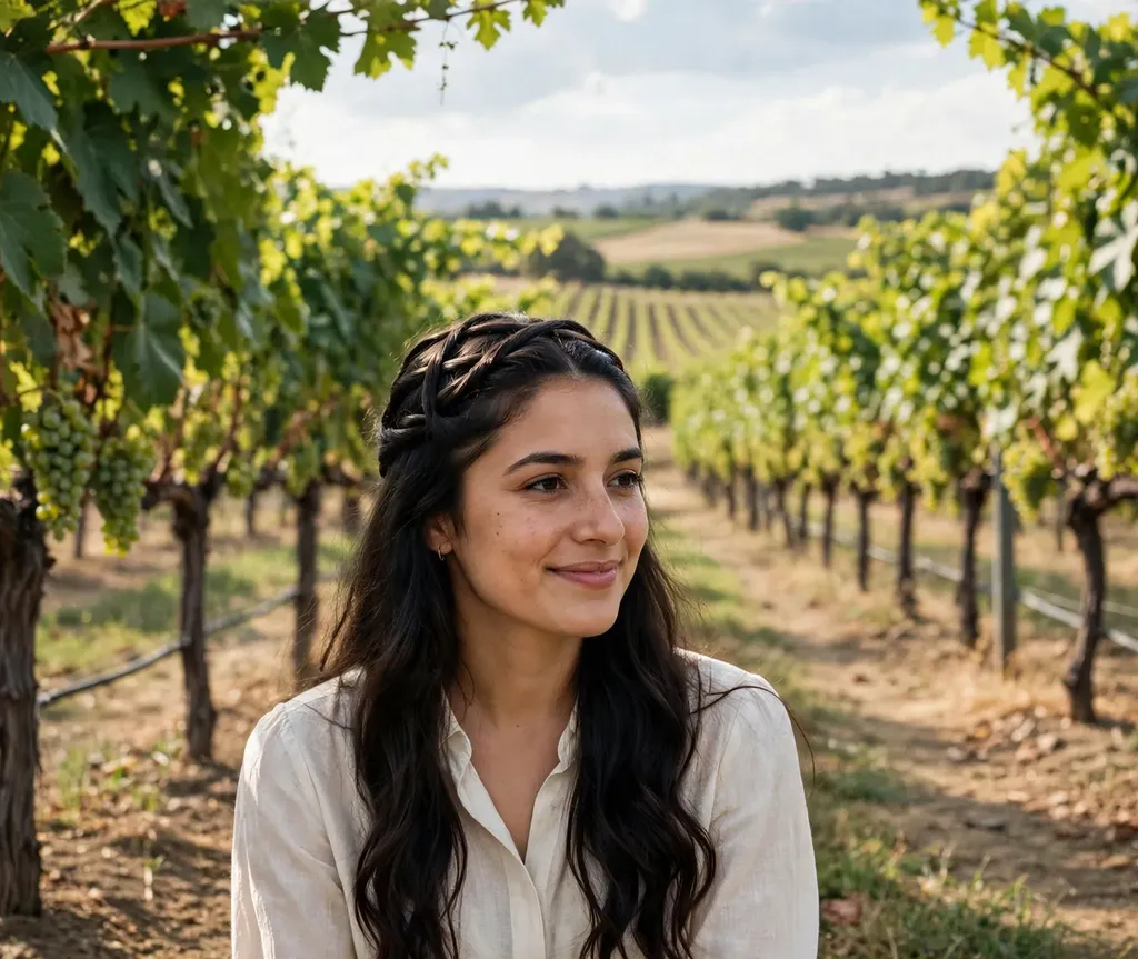 Woman with a crisscross French braid crown over long dark hair