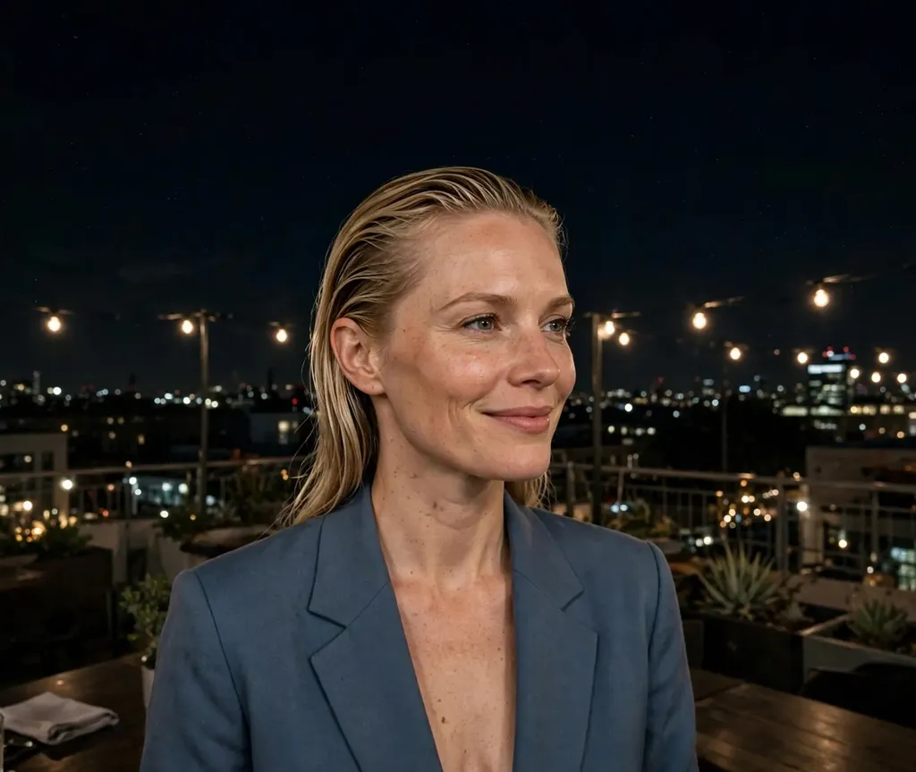 Woman with wet-look slicked-back blonde hair