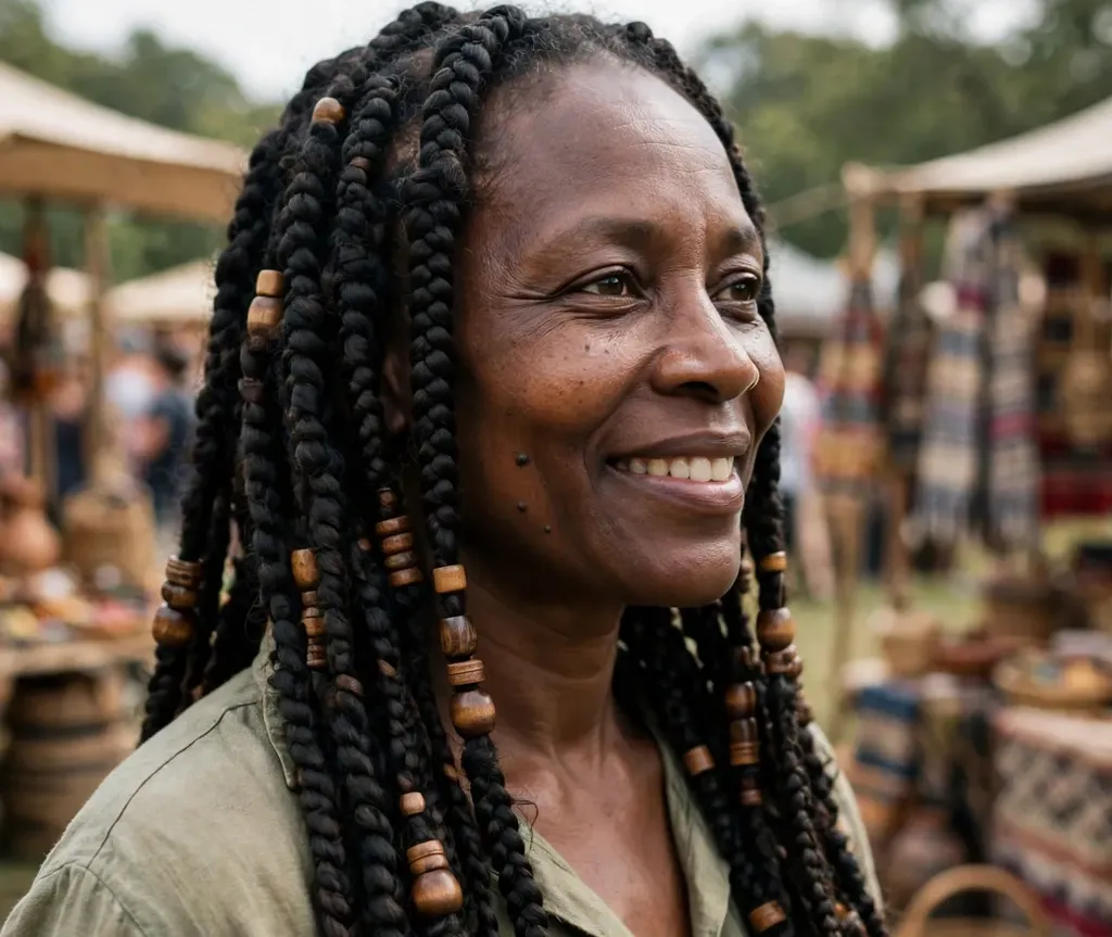 Woman with chunky long braids decorated with wooden beads