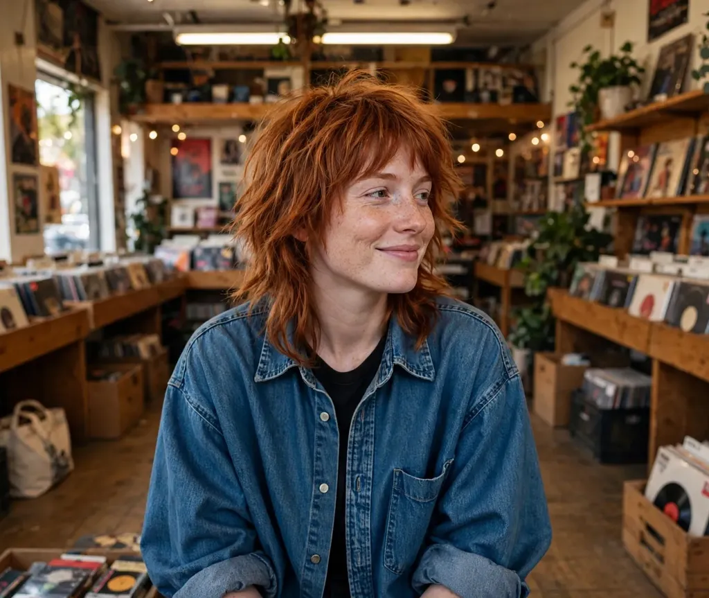 Woman with a shaggy copper wolf cut with choppy layers