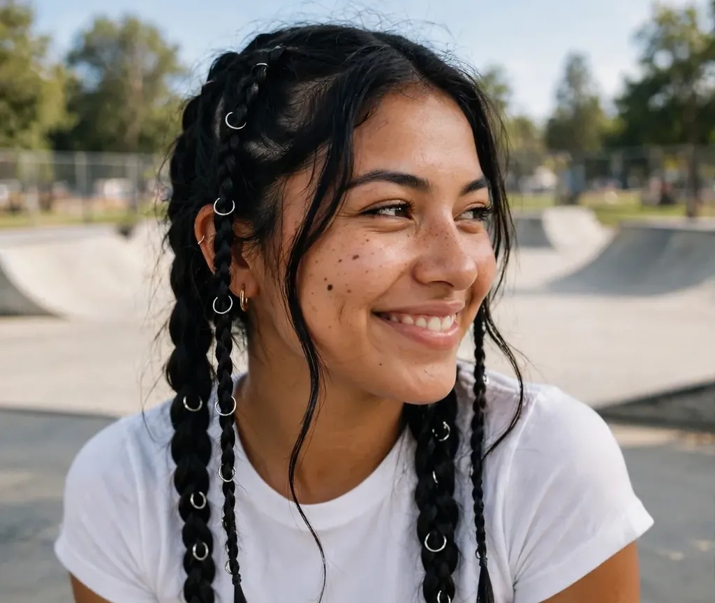 Woman with two braided pigtails decorated with silver rings