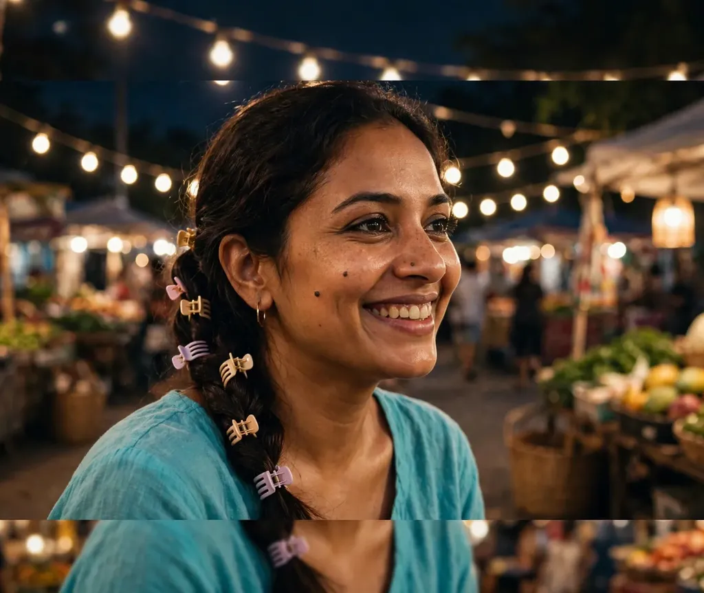 Woman with a twisted side ponytail decorated with mini claw clips