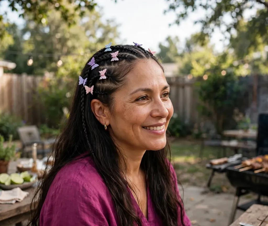 Woman with thin cornrows at the crown decorated with butterfly clips