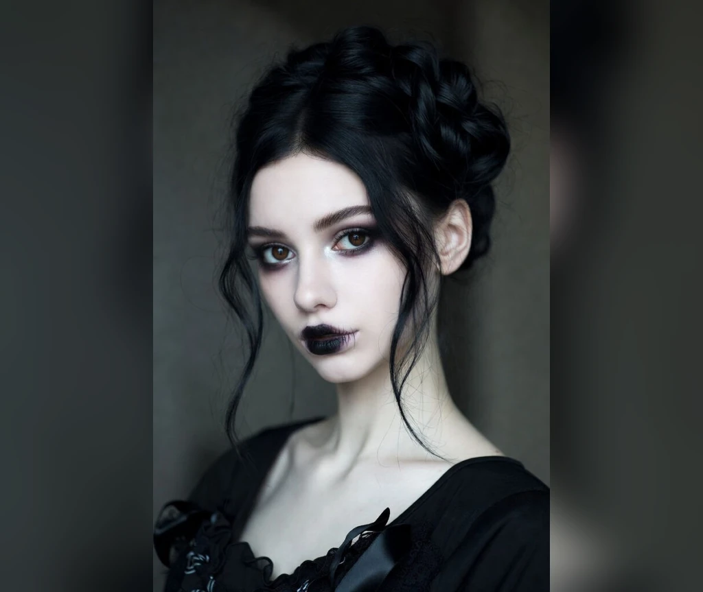 Dark victorian updo with an elegant high-neck lace dress