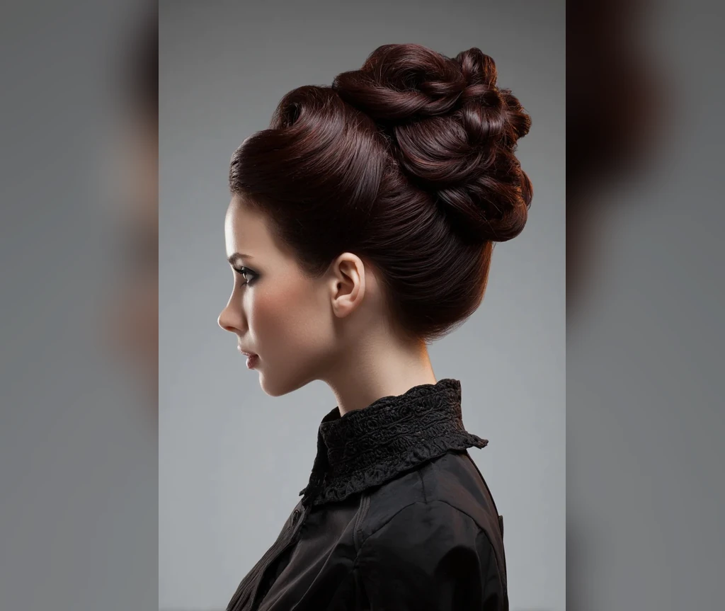 Auburn vampire bun with a polished twisted finish