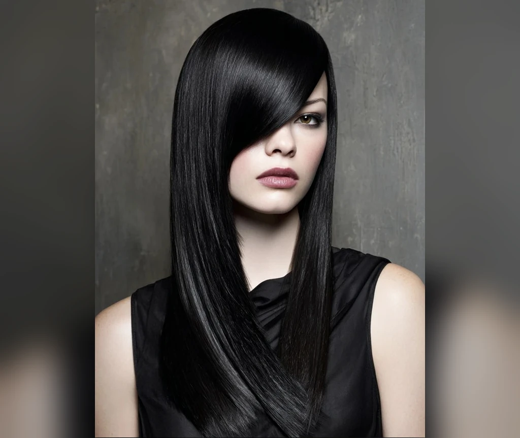 Sleek side-swept vampire hair in glossy black