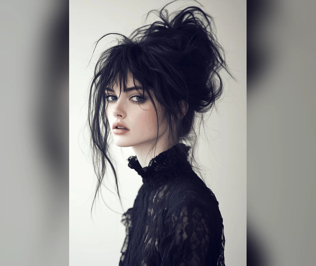 Messy gothic bun with loose romantic strands