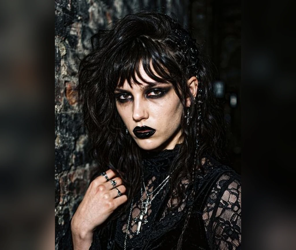 Messy dark gothic hair with a raw textured finish