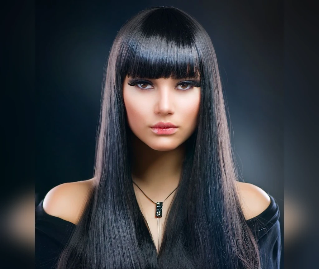 Long straight hair with blunt bangs in black