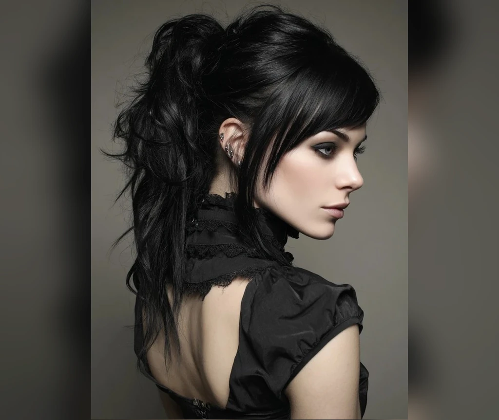 Vampire ponytail with bangs and long wavy lengths