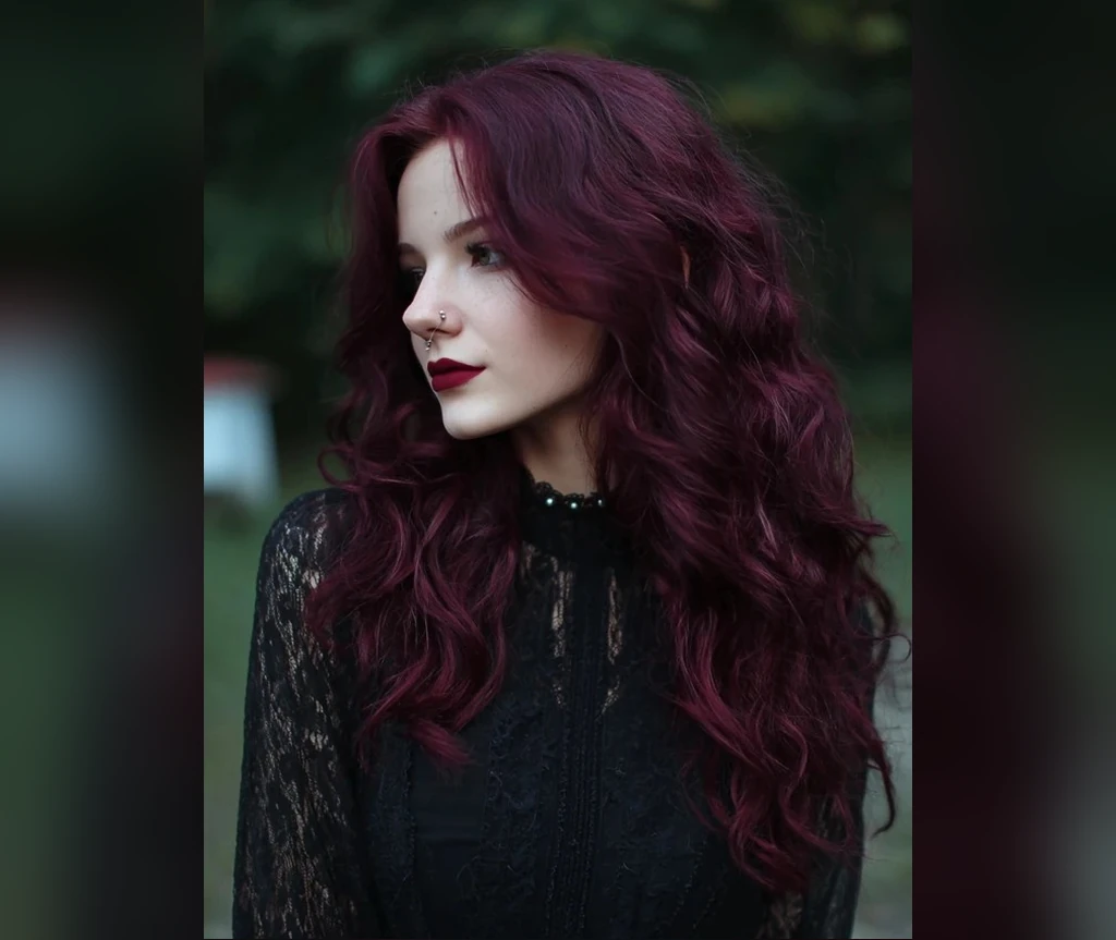 Burgundy long waves worn with dark lace