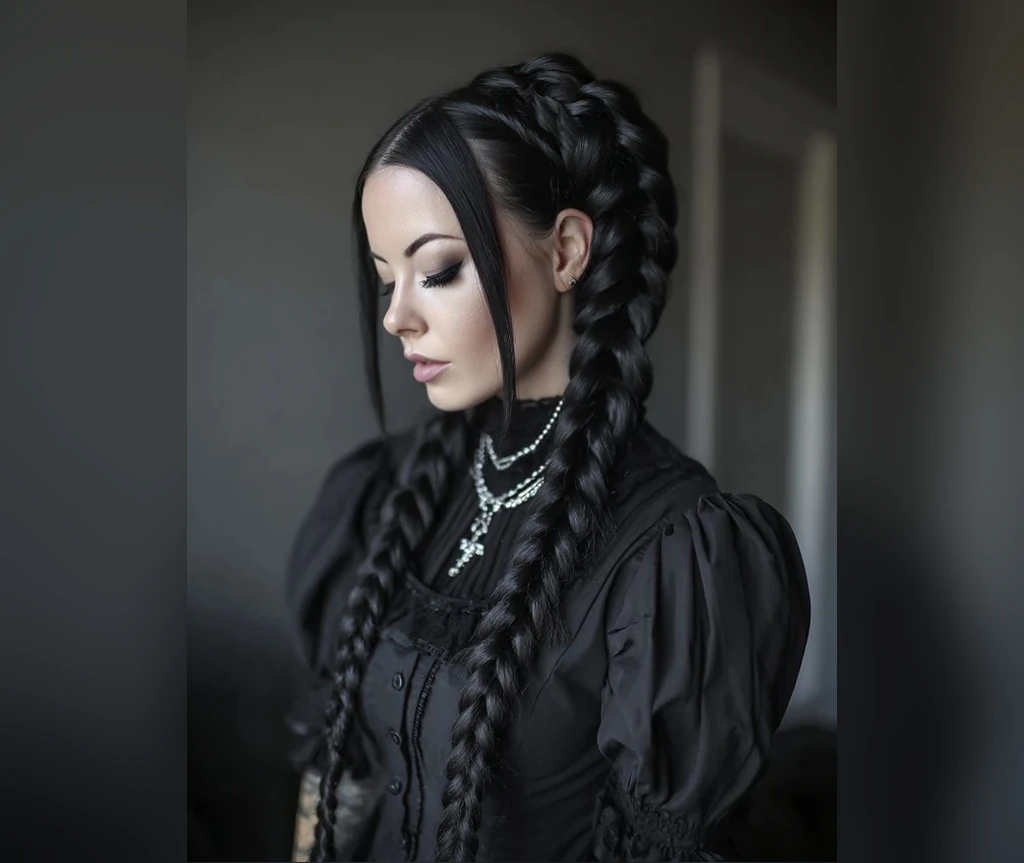 Twin gothic braids on long dark hair