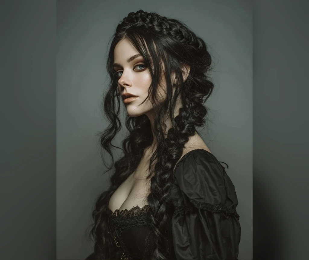 Braided crown half-up hair with loose dark waves