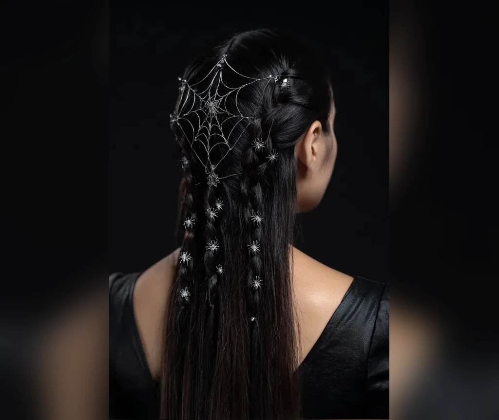 Spiderweb half-up hair with gothic web details