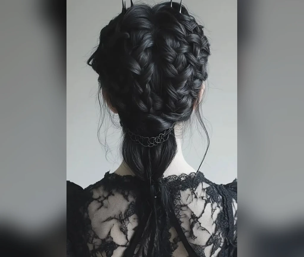 Braided updo with lace details from behind