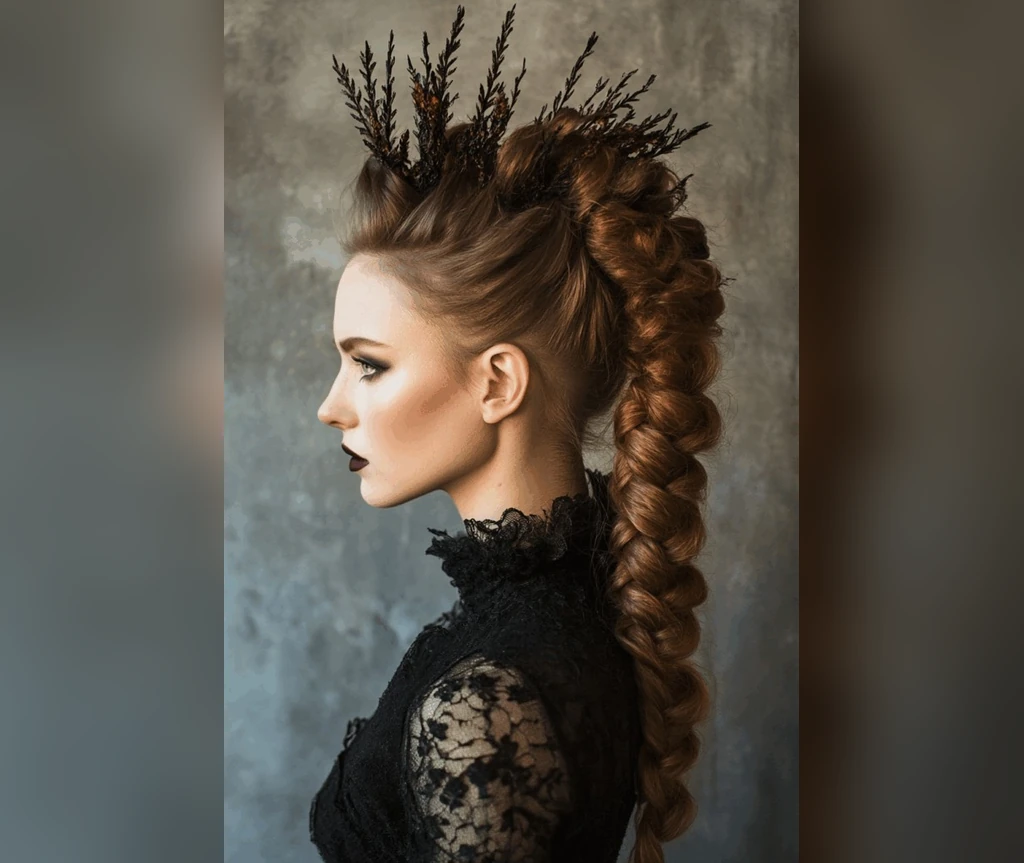 Braided ponytail with a rustic gothic crown