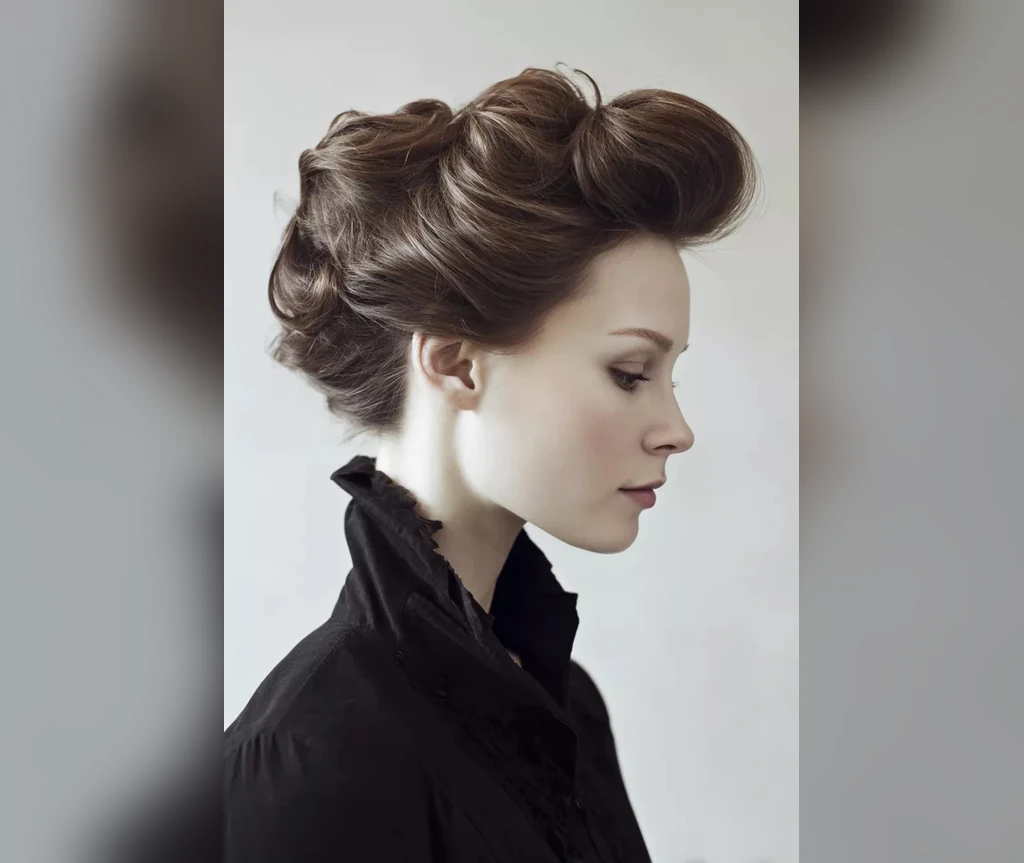 Victorian pompadour updo with dramatic height