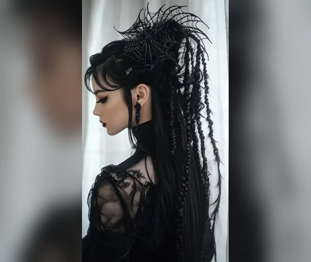 Gothic dreadlock updo with an elaborate dark finish