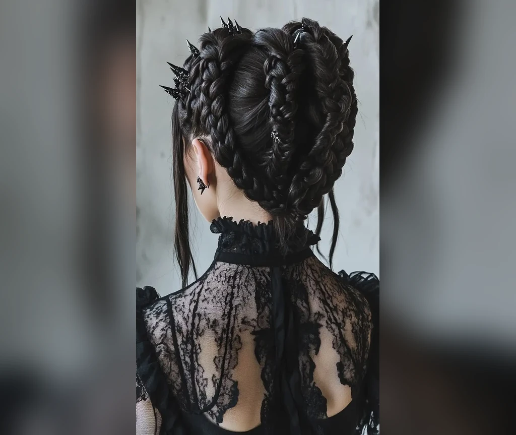 Elaborate braided crown updo from behind