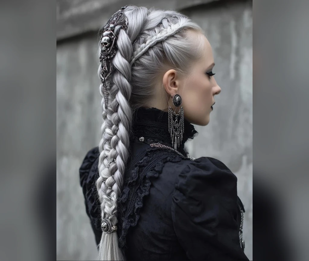 Silver gothic braid on long pale hair