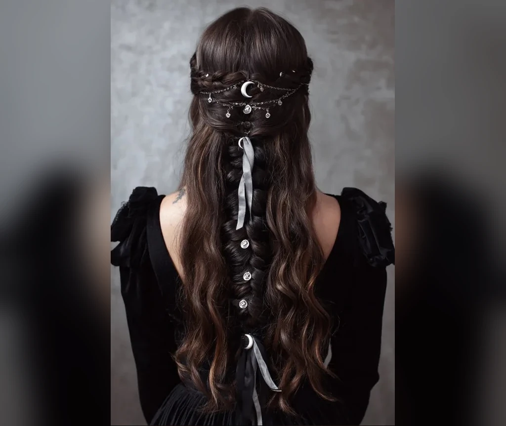 Braided waterfall hair with a ribbon-woven finish