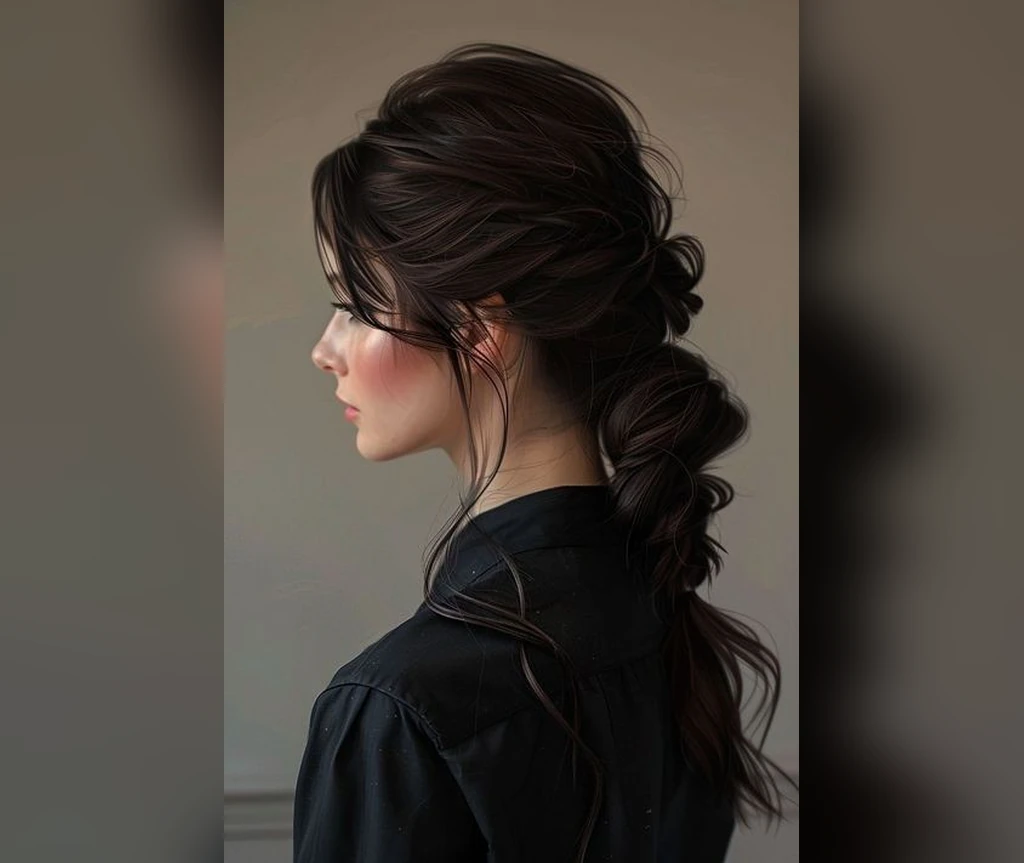 Low twisted ponytail in a dark romantic style