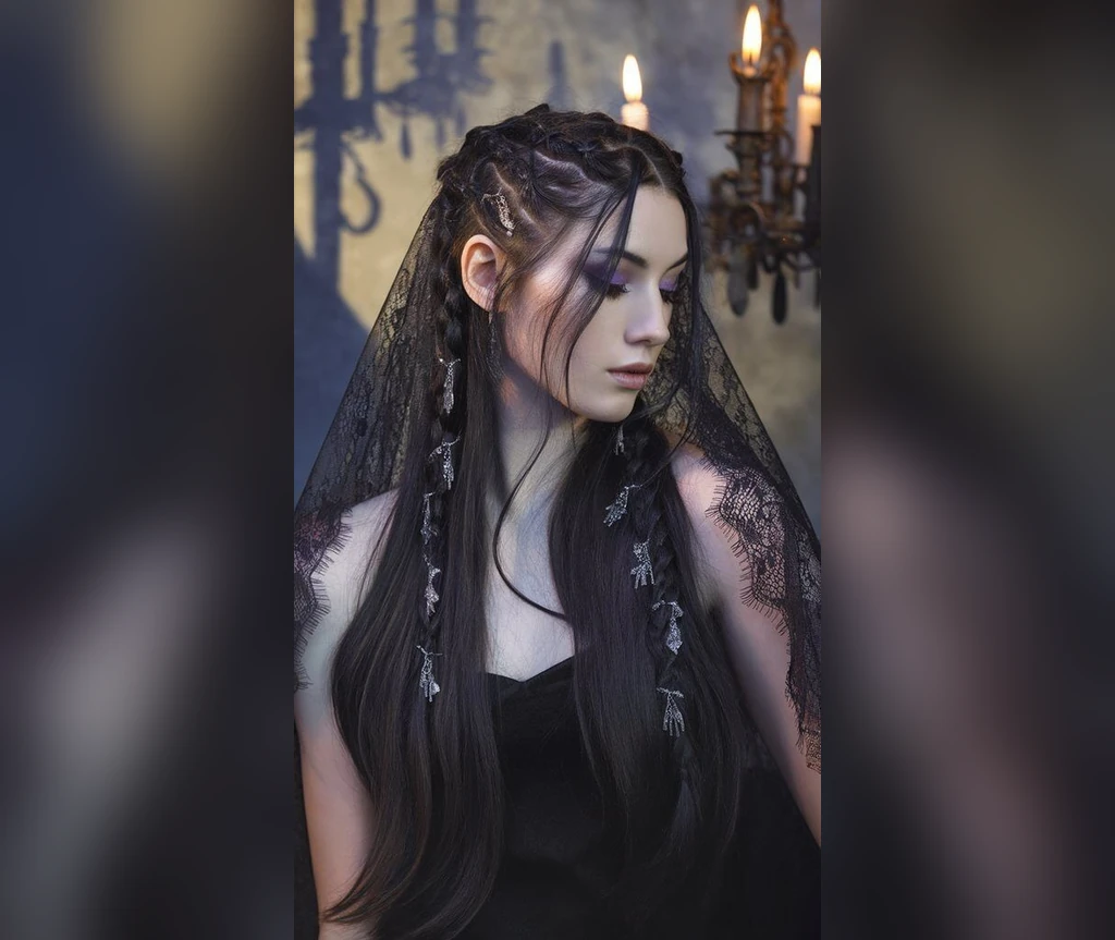 Veiled gothic hair with long braids and candles