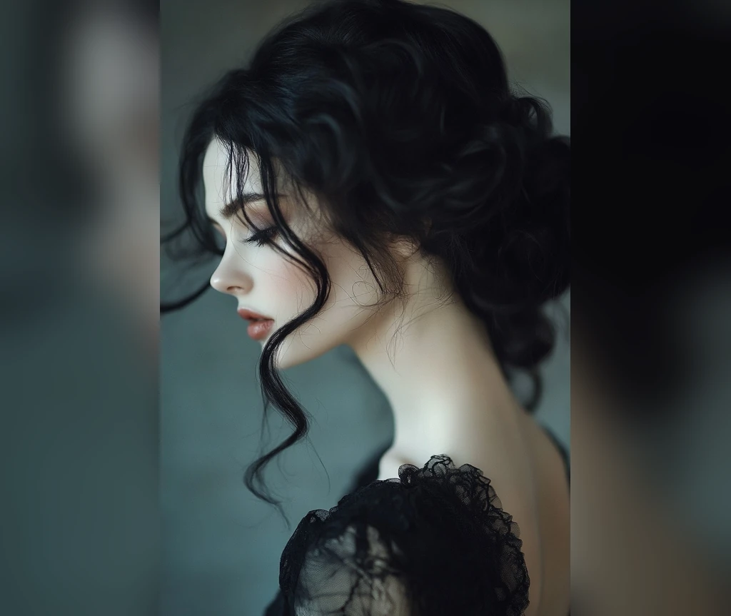 Gothic chignon with loose strands in profile