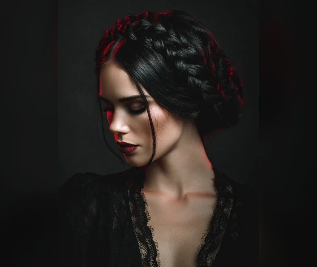 Braided crown updo with a dark red glow