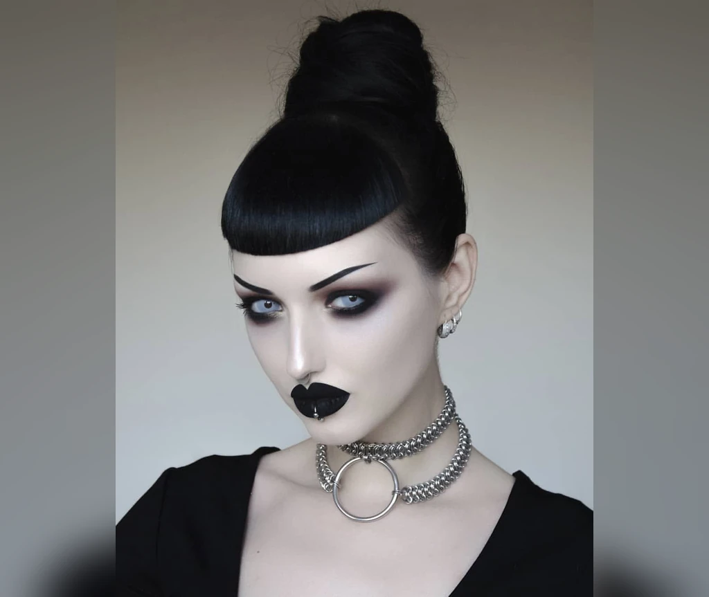 Gothic top knot with blunt bangs